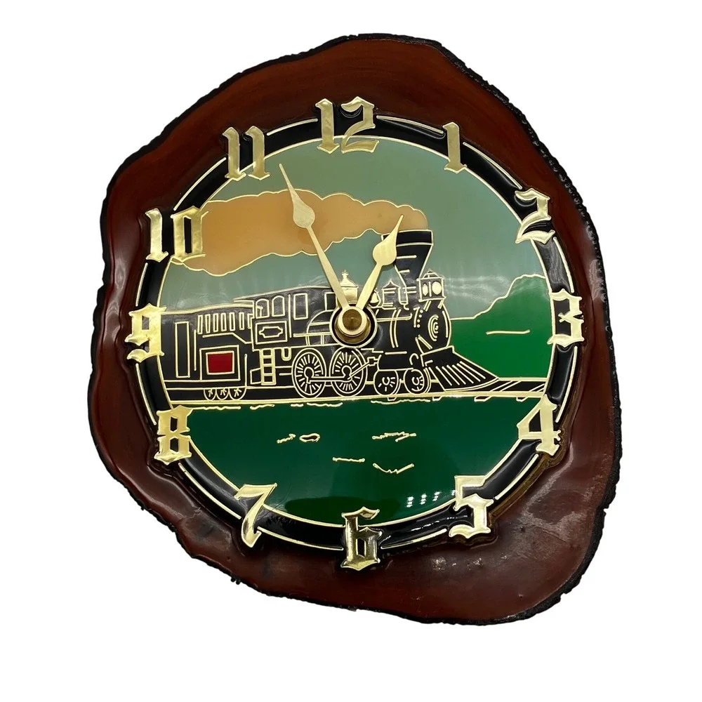 Ramar Industries Wall Clock Wood Slice VTG Brown Train Locomotive Handcrafted